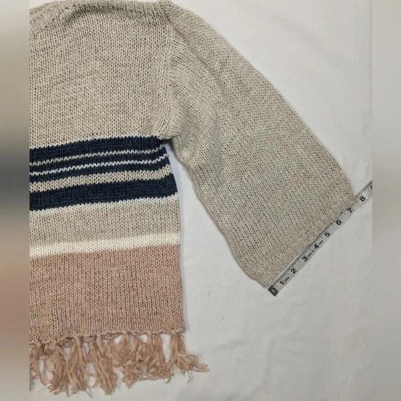 Altar'd State women's striped fringe knit sweater, tan pink navy cream size M - Picture 6 of 10